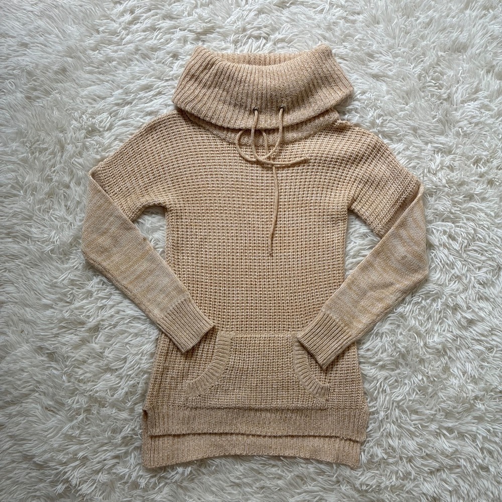 Planet Gold Womens XS Beige Waffle Knit Cowl Neck Tunic Sweater Kangaroo Pocket